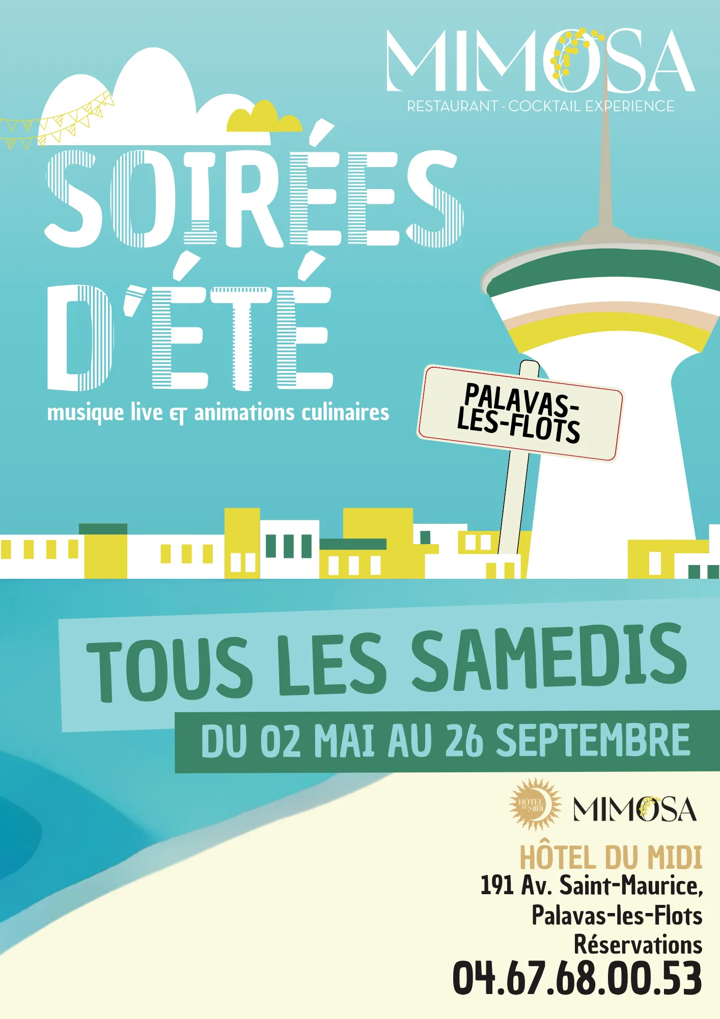 Annonce soirée d'été à Palavas-les-Flots, musique et cuisine.